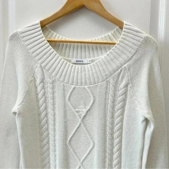 Ricki’s Cable Knit Sweater Boat Neck Cotton Pullover Ivory Size Small - Picture 4 of 14